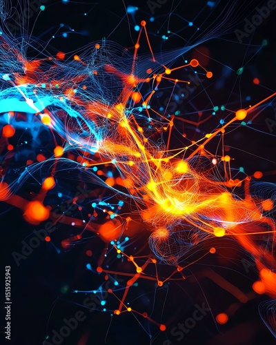 Futuristic AI Light Sculpture Abstract digital network with vibrant glowing nodes. Abstract Neural Glow Forms Techno-Organic Light Art Design