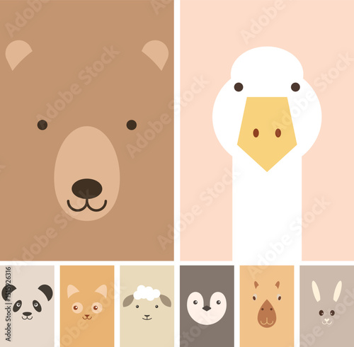 Cartoon cute different faces of animals for baby card, poster, baby shower invitation, nursery wall art, room decoration, printing on fabric, postcard. Vector character set. Picture for applique