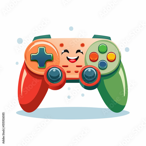 A cartoon game controller with a happy face and colorful buttons