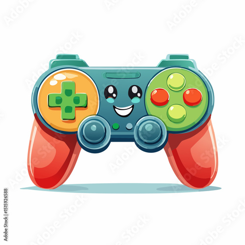 A cartoon game controller with a happy face and colorful buttons