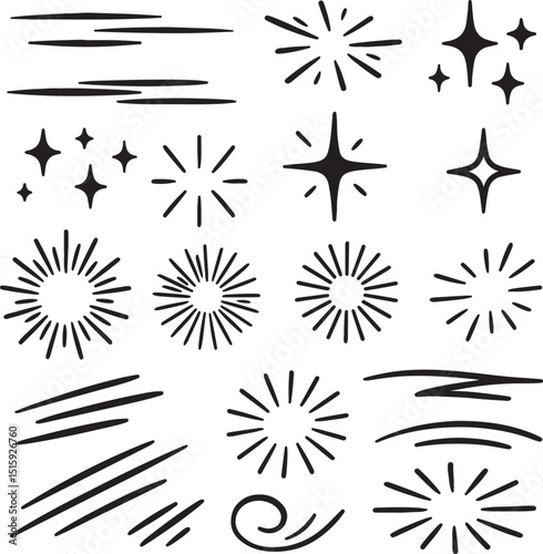 Comic style line sparkle, burst and radial silhouettes set vector art illustration