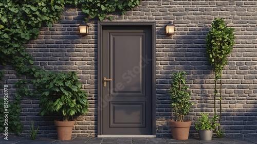 Dark gray door and plants on a brick wall.