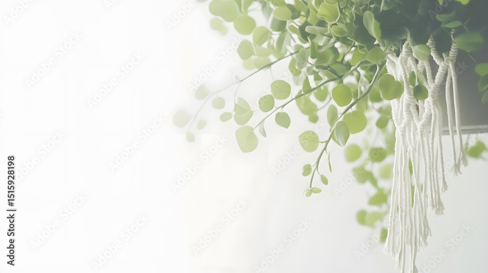 Obraz premium Serene Hanging Plant Macrame Pot with Green Leaves
