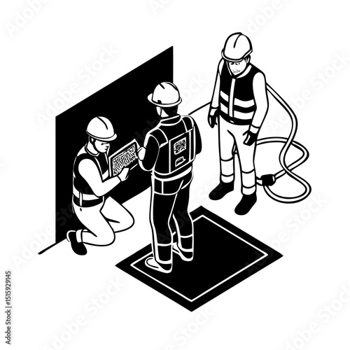 Team of industrial workers performing confined space entry inspection with safety equipment and supervisor monitoring data on tablet isometric
