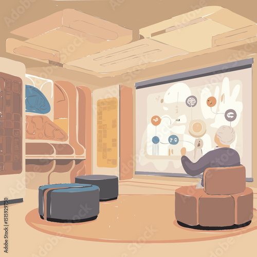 Flat vector illustration of a peaceful memory-care room with sensory activity stations such as puzzles, tactile panels, and circular seating. An elderly person interacts with memory cues on a virtual-