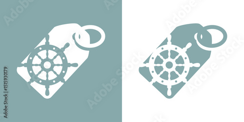 Logo Travel. Silueta de volante de timón de barco en etiqueta de precio	