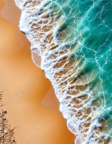 tidal palette   elevated perspective showing the ocean's paintbox of turquoise hues blending with golden sands at the shoreline, creating natural watercolor effects.
