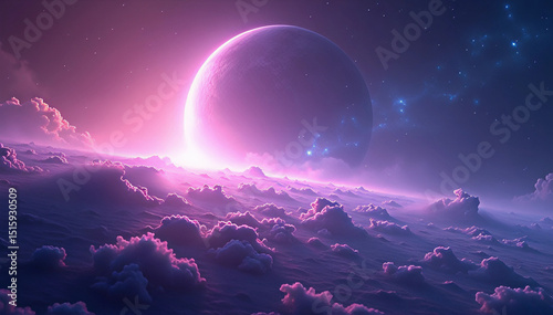 Breathtaking alien landscape featuring vibrant colors under a starry sky with a massive planet. Ideal for science fiction, cosmic art, and imaginative storytelling.
