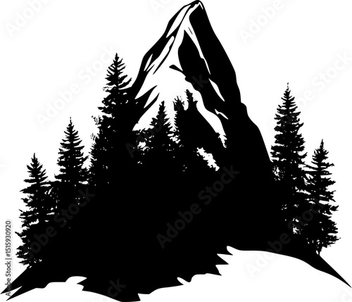 Mountain with pine trees black silhouette vector
