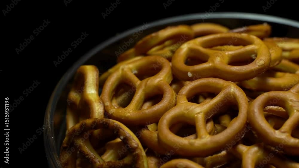 Close view of bowl with salty mini pretzels on Isolated black background.