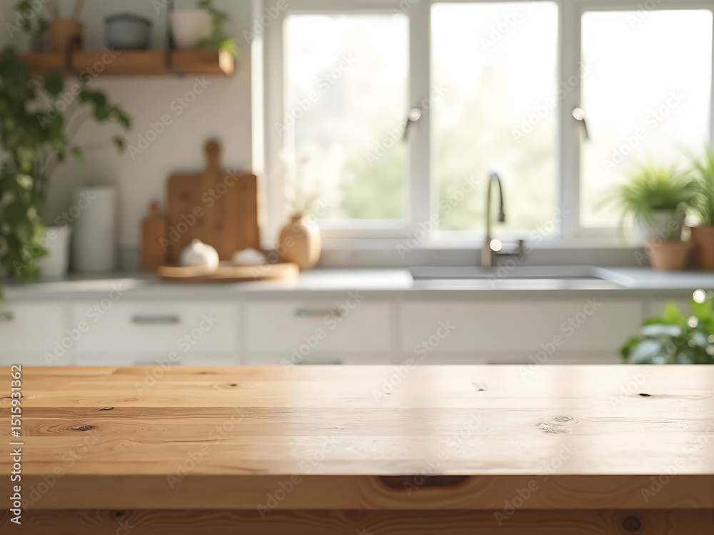 Fototapeta premium Kitchen Scene Featuring Natural Wooden Tabletop with Fruit Bowl and Bright Light