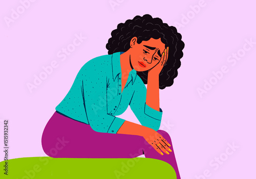 Illustration of a woman sitting with hand on head symbolizing emotional distress and mental health challenges photo