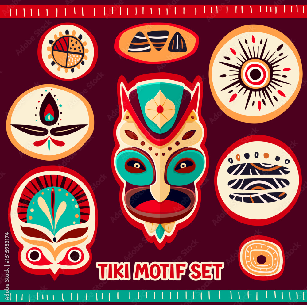 Fototapeta premium Set of elements with Hawaiian traditional tribal tiki mask and motifs. Collection of stickers with Polynesian mask, tribal pattern, Eye-catching ethnic ornaments. Vector illustration EPS8