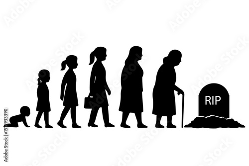 A black silhouette vector showing seven stages of a woman's life, from crawling baby to elderly with a cane, ending at a gravestone labeled RIP. Minimalist and conceptual