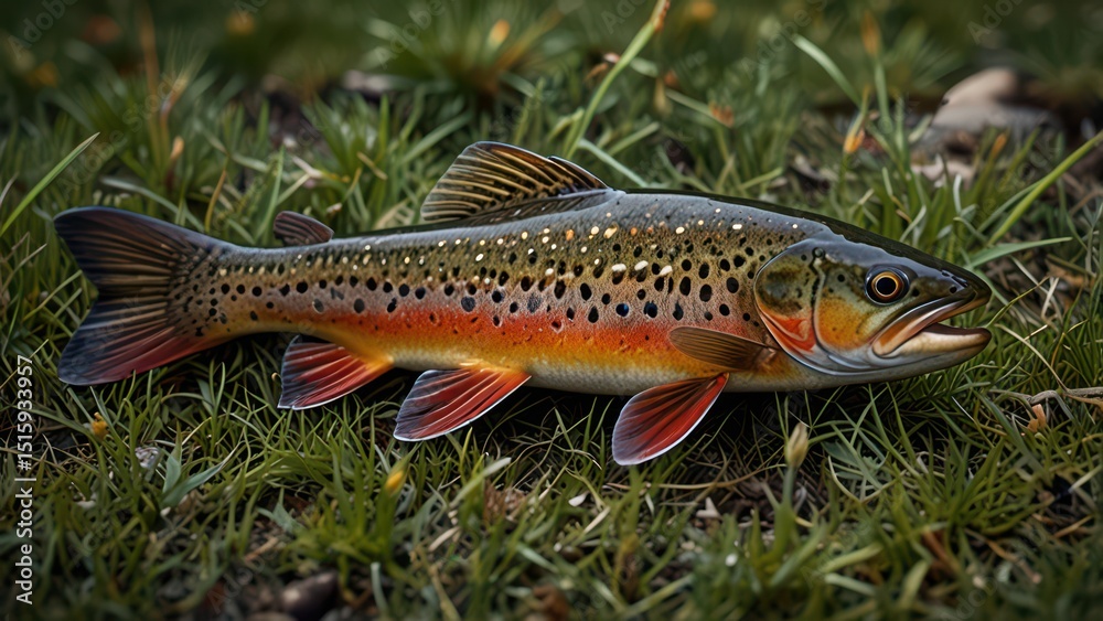 Fototapeta premium A brook trout with colorful speckles, red belly, and patterned skin. Generative AI
