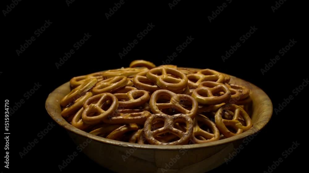 Closeup footage of salty mini pretzels in a brown bowl. Crispy Beer Snack.