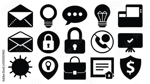 Iconic Communication: A curated set of black and white icons representing various aspects of communication, security, and technology, ready for diverse applications.