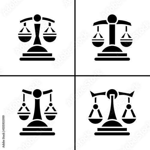 Vector black and white illustration of scales of justice icon for business. Stock vector design.