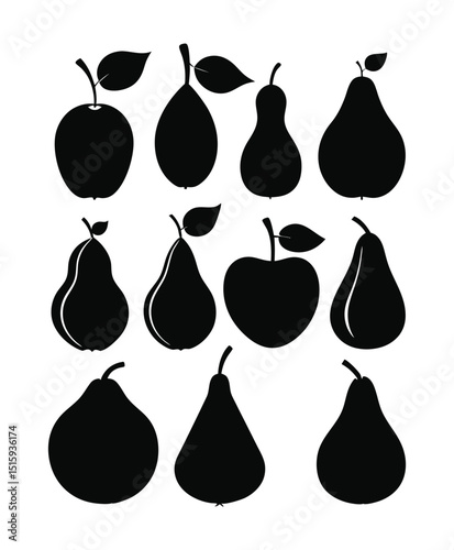 Silhouette Fruits: A collection of artistic silhouettes of ripe pears and apples in a variety of shapes, highlighting their elegant outlines and natural forms. 