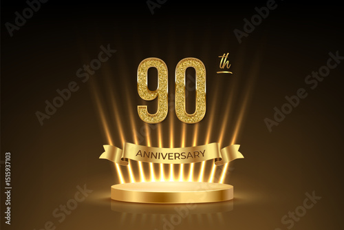 Ninetieth anniversary gold award podium. 90 years celebration birthday or jubilee golden vector background. Luxury stage with glowing rays, glittering number 90, ribbon with text anniversary on black.