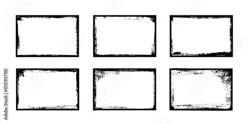 Black frames with worn paper effect on white background. Textured rectangles with old, grunge, grainy, vintage, worn, dust effect. Simple object mockup. Realistic vector illustrations set.