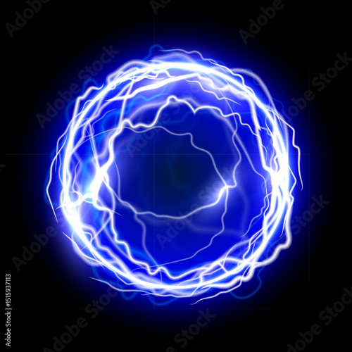 Light energy ball. Glowing blue power sphere with electric lightning effect on black background. Futuristic plasma ball, magic orb, game portal. Abstract vector illustration.