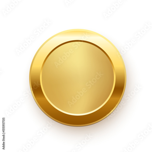 Gold award medal. 3d golden metal winner emblem. Round button, stamp, frame, seal, badge, prize, trophy design element. Vector illustration isolated on white.