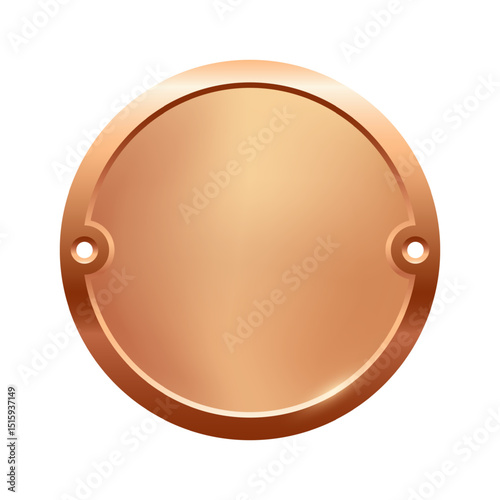 Blank bronze nameplate plaque with screw holes. Metallic round label for engraving, signage, awards, door signs. Realistic vector illustration.