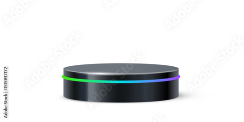 Black round podium with glow neon line. Product display stand isolated on white background. Cosmetic showcase pedestal, platform, stage for product presentation. Realistic vector illustration.