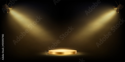 Black stage background with glowing golden podium under two yellow spotlights. Dramatic lighting and smoky atmosphere for product presentation, award ceremony. Abstract vector illustration.