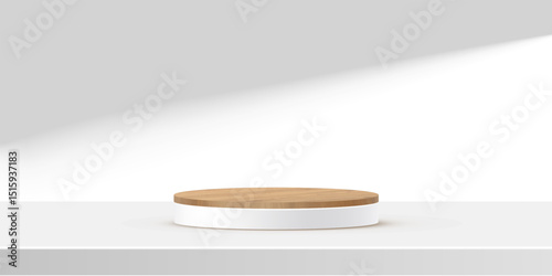 Round wooden podium on white wall background. Minimal product display stage with natural wood texture, clean lighting and soft shadows. Abstract vector illustration for studio mockup or showcase.