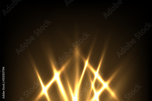 Golden stage lights. Glowing spotlights with sparkling starburst effect on dark background. Award, concert, party, event show illumination lighting. Abstract vector illustration.
