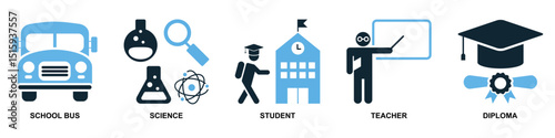 Set of school education icon vector for learning, teaching, and academic content. Ideal for education app, school dashboard, and classroom.