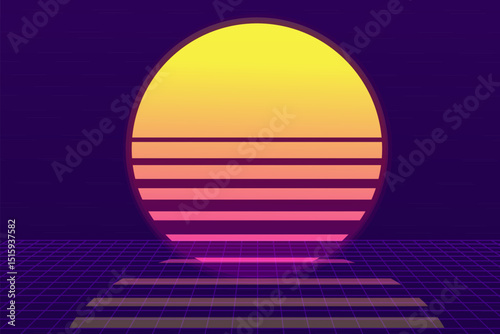 Retro vaporwave sun futuristic sunrise. Cyberpunk geometric planet. Synthwave vintage. Sun circle retrowave abstract.