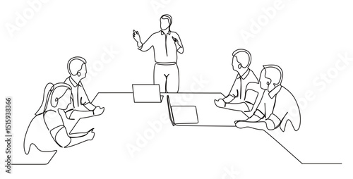 continuous single line art of male and female businessmen and workers discussing their business in unison