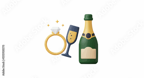 A celebration of love: ring, glass and champagne bottle. 