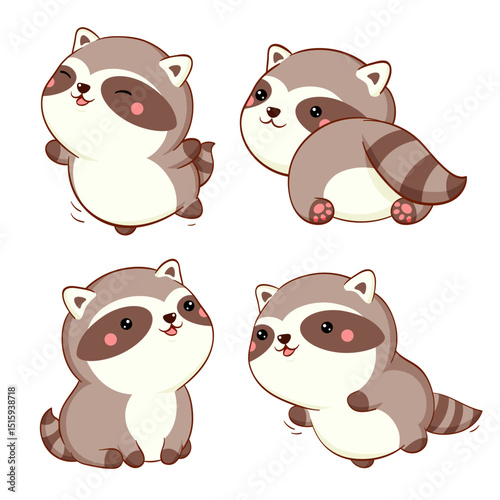 Set of cute cartoon pet. Baby collection of lovely little raccoon in different poses. Sweet baby animal in kawaii style. Can be used for t-shirt print, sticker, greeting card design. Vector EPS8