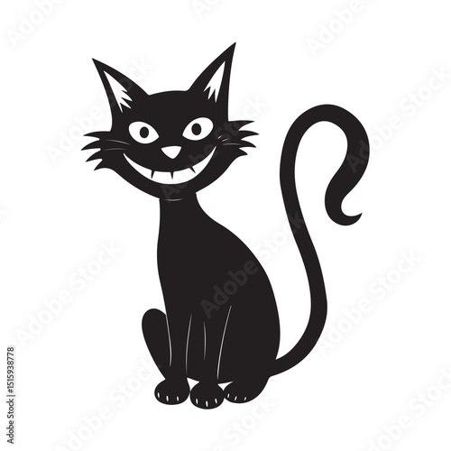 Playful Black Cat Illustration with Creepy Smile for Halloween Design