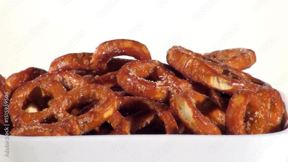 Close-up of popular snack food, pretzels on white background.