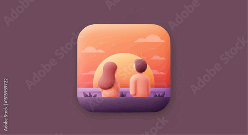 A romantic illustration of two figures embracing a stunning sunset. 