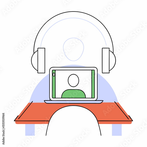 Simple Vector Icon of a Student Attending an Online Class on a Tablet, Flat Design.