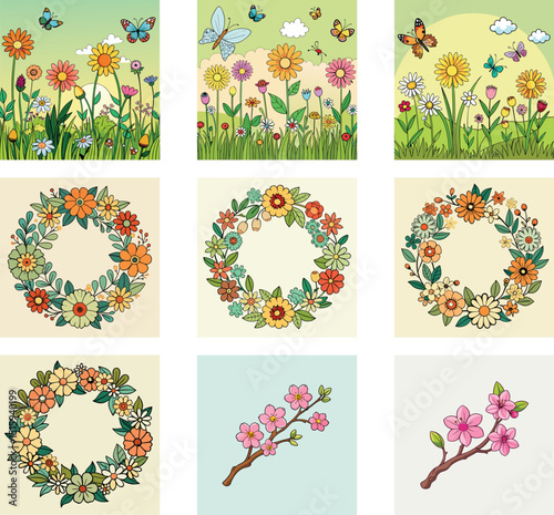 Whimsical Floral Collection Vibrant Spring Flower Garden And Blossom Illustrations
