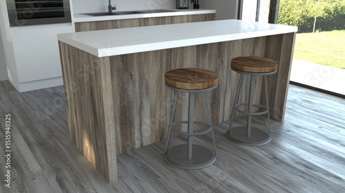 Modern kitchen island with stools and white countertop. photo