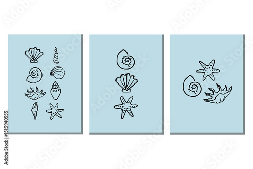 Summer tropical boho abstract posters with seashells. Design blue cards with marine motive, sea coast. Borders in minimalist style for template, print, decor, postcard. Hand drawn vector illustration