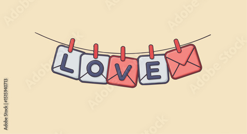Hearts and love letters hanging on a clothesline, spelling out the word 'love', which symbolizing love, affection, and connection. 