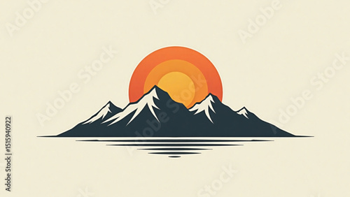 Stylized mountains with a vibrant sunset reflecting on water in a minimalist design