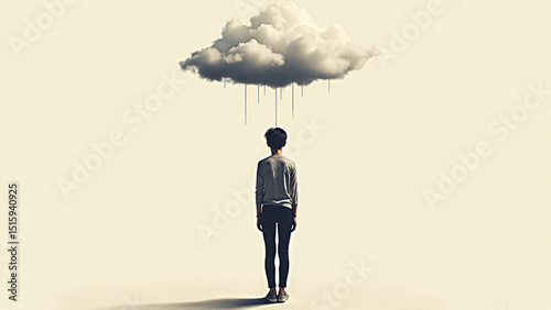 A man standing under a rain cloud in a thoughtful mood in a surreal and minimalistic setting. Loneliness and depression.