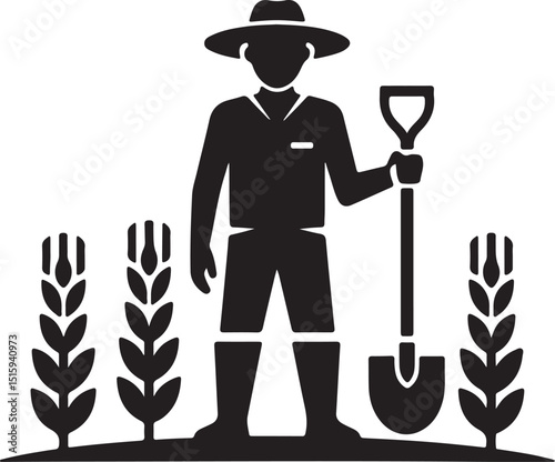 farmer with a rake, farmer with a pitchfork, farmer with a shovel.