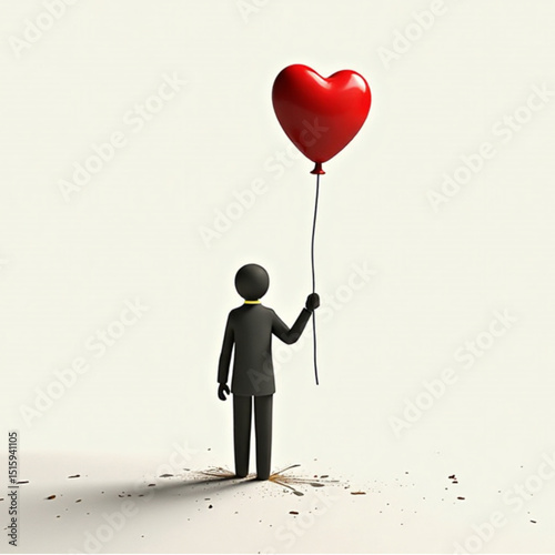Figure holding a red heart-shaped balloon in an emotional and minimalist setting