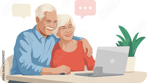 Senior Couple Video Chatting, Happy Older Adults Using Laptop, Online Communication, Family Connection, Digital Life, Virtual Interaction, Elderly Tech Users.

flat vector illustration.